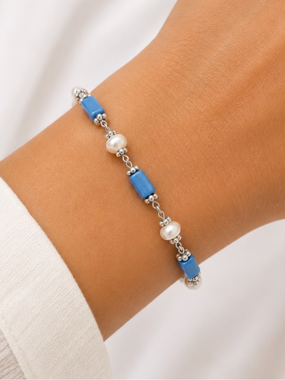 NEW - Geniune Turquoise, Pearl and Sterling Silver Beaded Boho Chic Bracelet